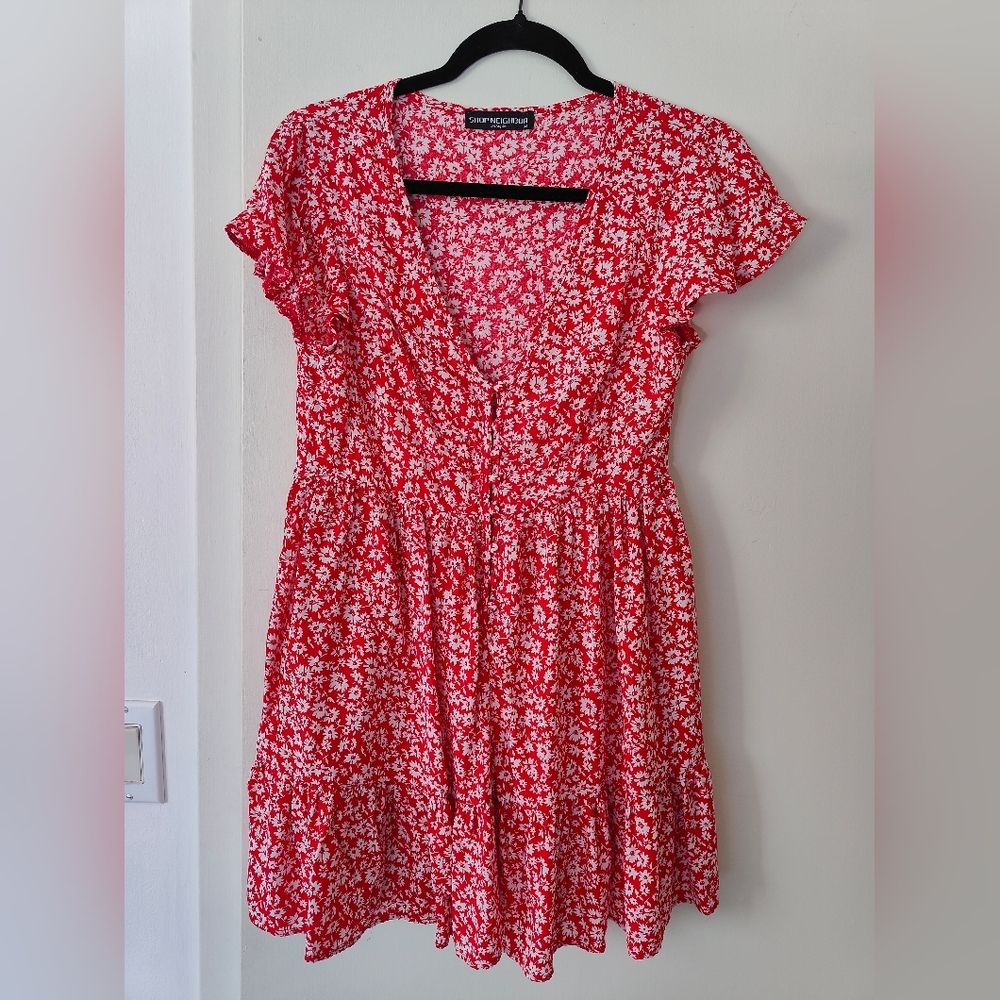 Mini red/white floral button up dress